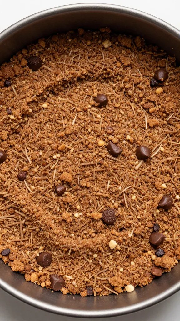 chocolate cookie crumb crust pressed in springform pan, overhead closeup