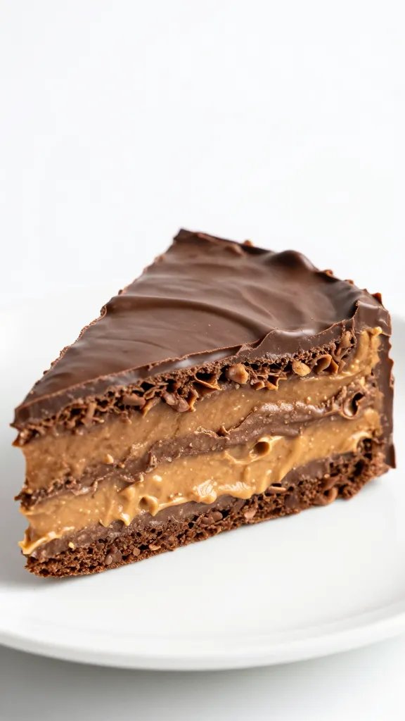 closeup slice of peanut butter chocolate layered dessert on white plate