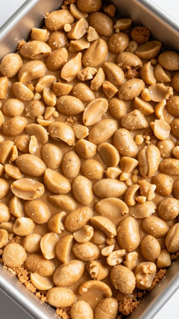 overhead closeup of crunchy peanut butter cookie crust in square pan