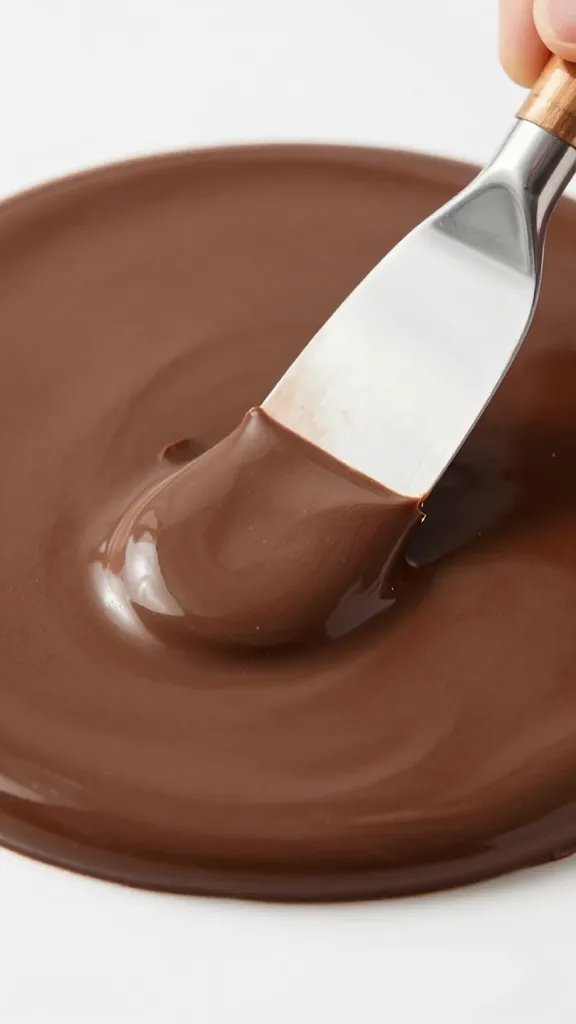 glossy chocolate ganache layer being smoothed with offset spatula