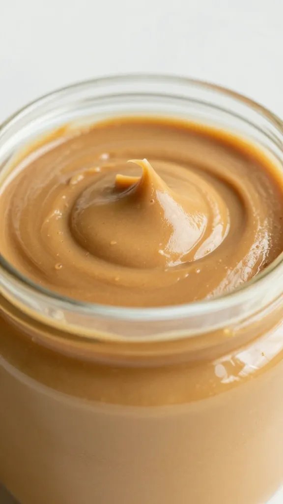 closeup peanut butter mousse swirl in glass jar, soft light