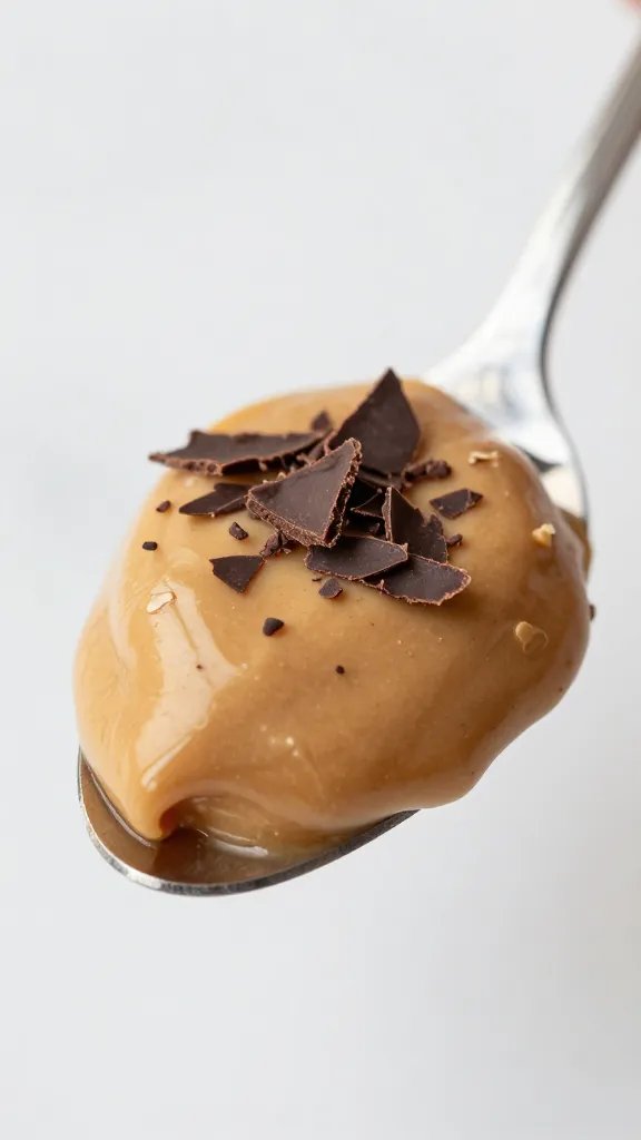 spoonful of peanut butter mousse with chocolate shavings, macro