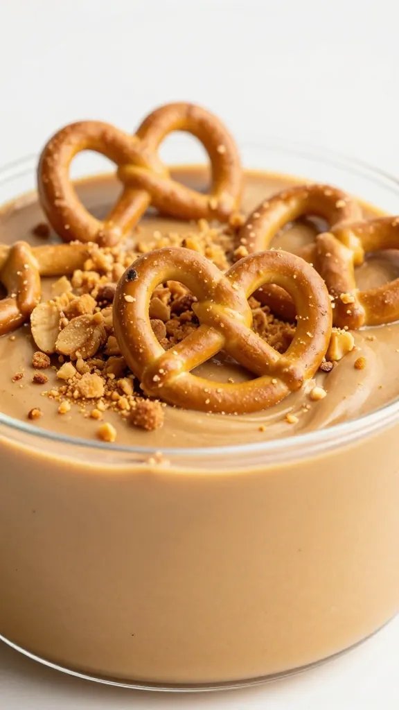peanut butter mousse topped with crushed pretzels, shallow depth