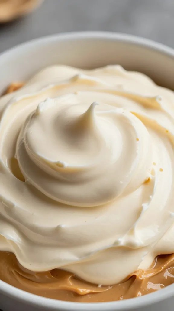 closeup bowl of peanut butter cream cheese fluff, soft swirls