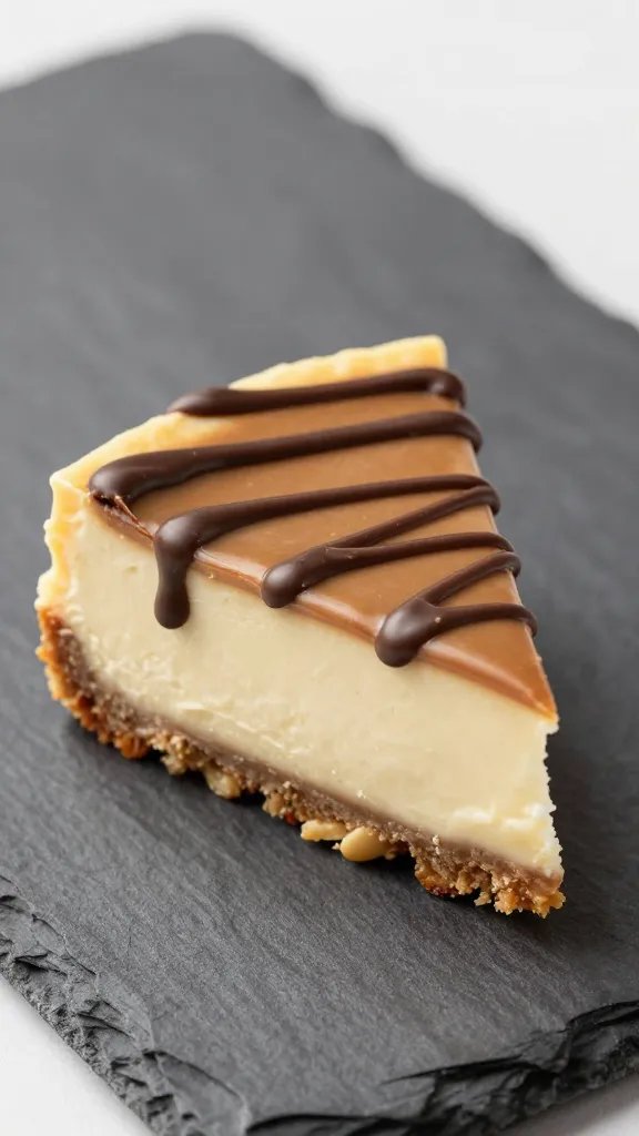 closeup peanut butter cheesecake bite with chocolate drizzle on slate