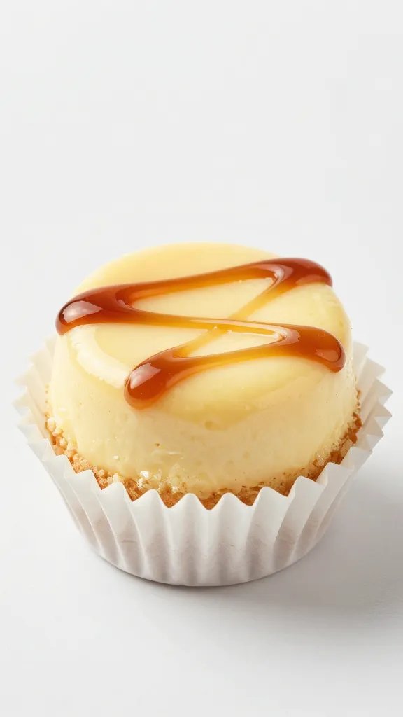 single mini cheesecake bite in white muffin liner, glossy drizzle