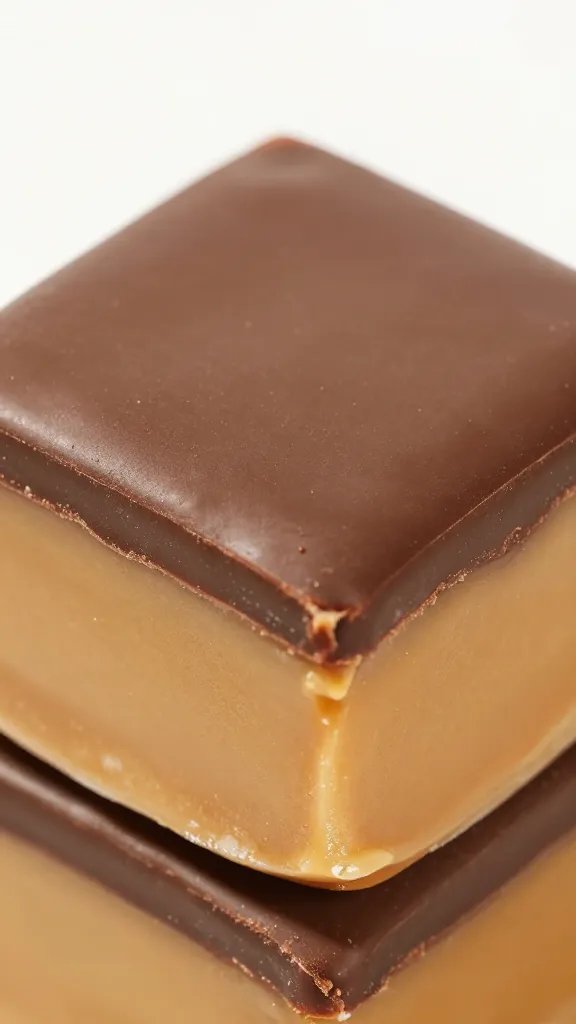 closeup peanut butter bar square with glossy chocolate top