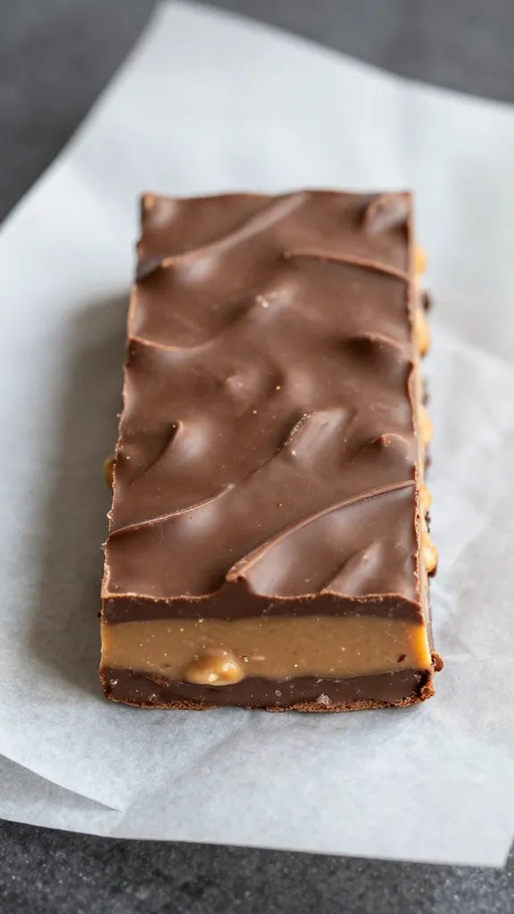 single chilled chocolate peanut butter bar on parchment