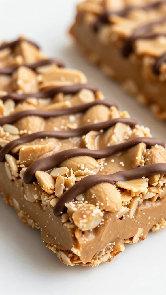 closeup no-bake peanut butter oat bar with chocolate drizzle