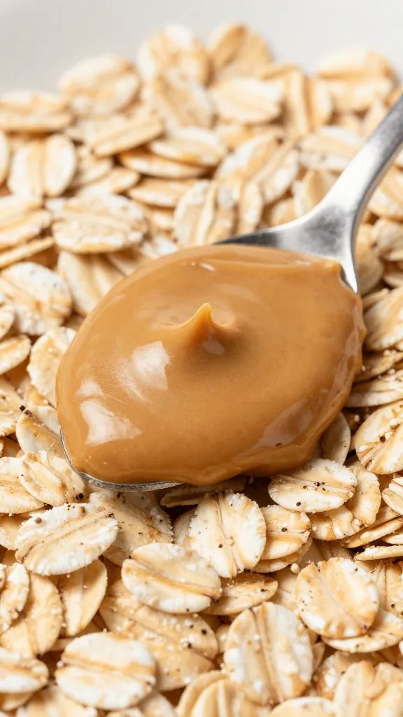spoonful creamy peanut butter over rolled oats, macro shot