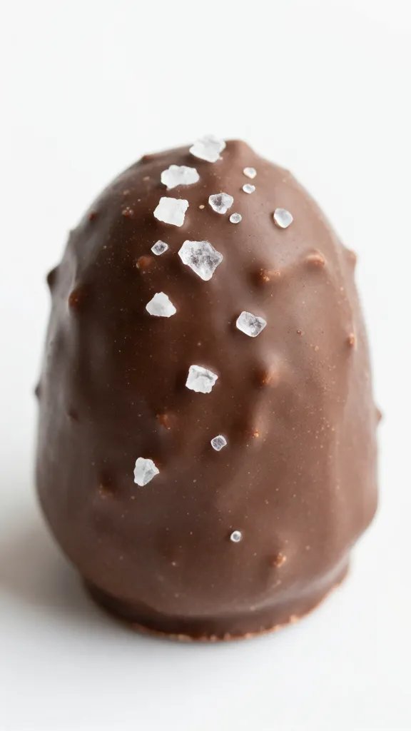closeup of a single chocolate-dipped date with flaky salt