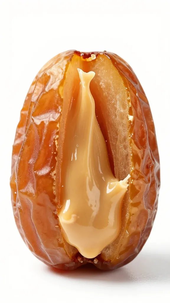 macro shot of a halved Medjool date filled with peanut butter