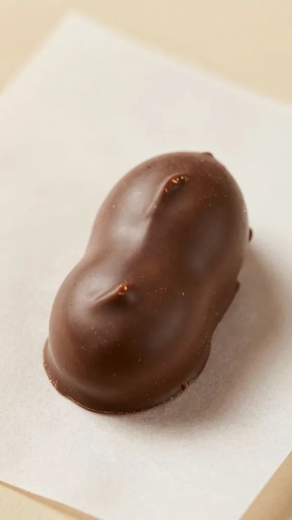 single peanut butter date bite resting on parchment, glossy chocolate