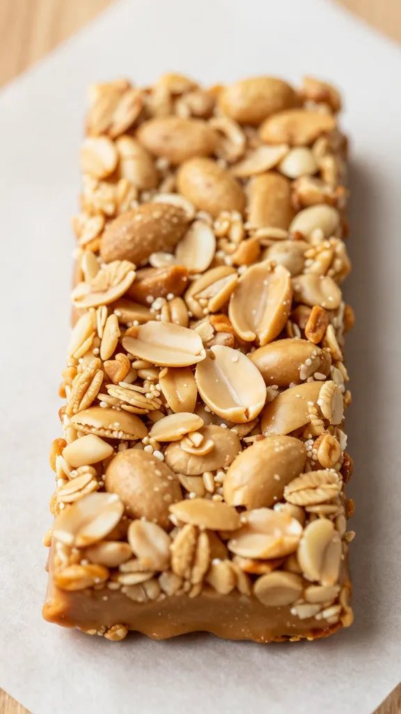closeup of a single peanut butter granola bar on parchment