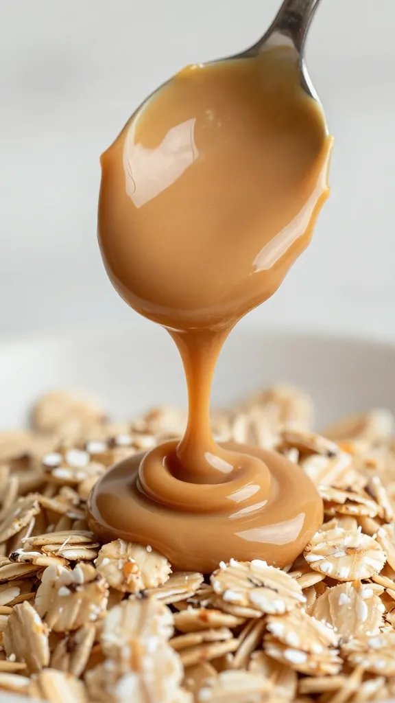 spoonful of creamy peanut butter dripping into oats, macro
