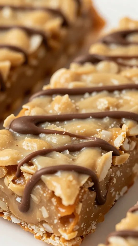 closeup of peanut butter coconut energy bar with chocolate drizzle
