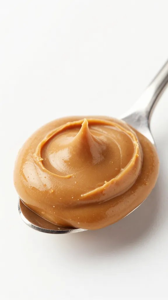 macro shot of chunky peanut butter swirl on spoon