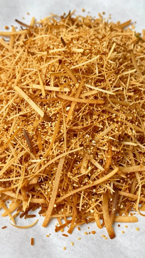 closeup of toasted shredded coconut on parchment paper