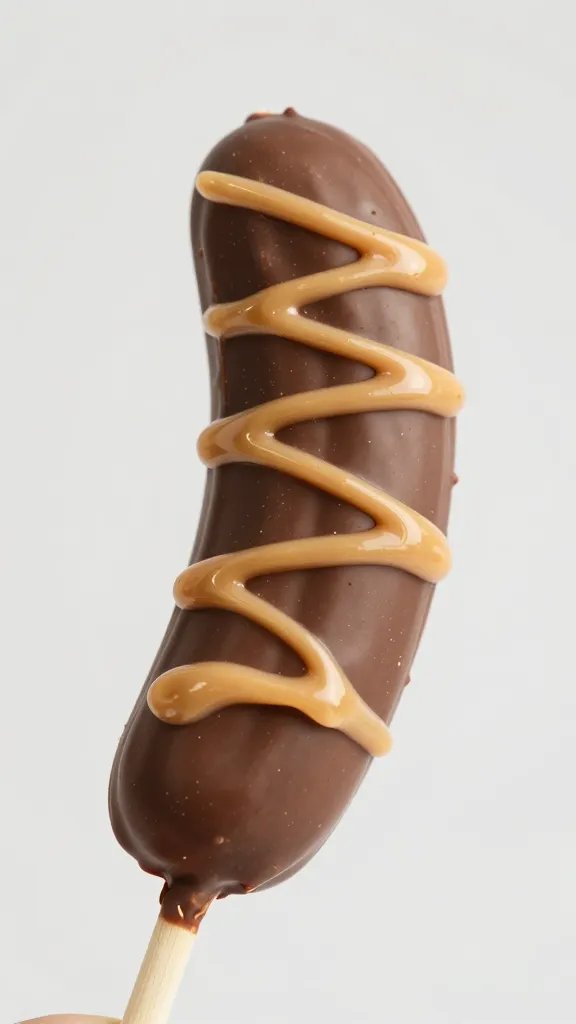 closeup of chocolate-dipped banana pop with peanut butter drizzle