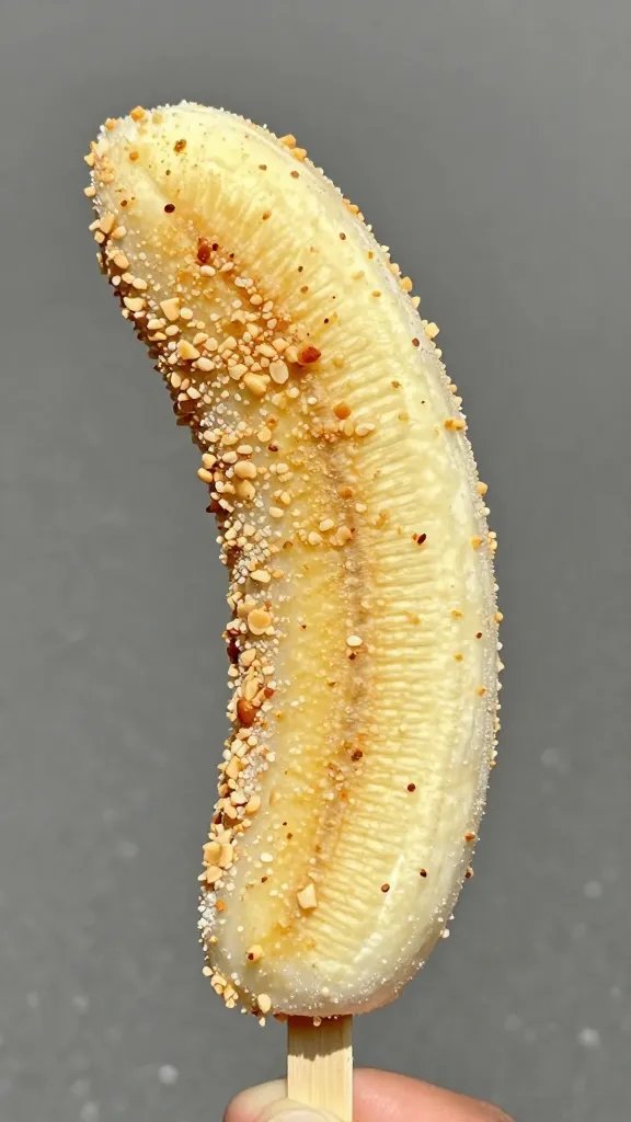 single frozen banana pop coated in crushed peanuts