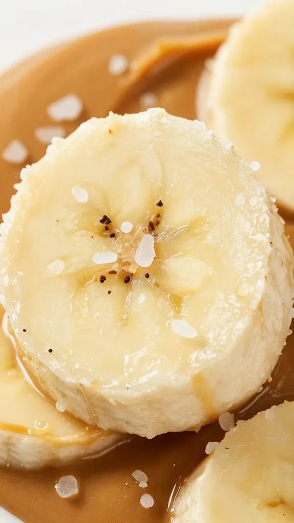 macro shot of peanut butter banana pop with sea salt flakes