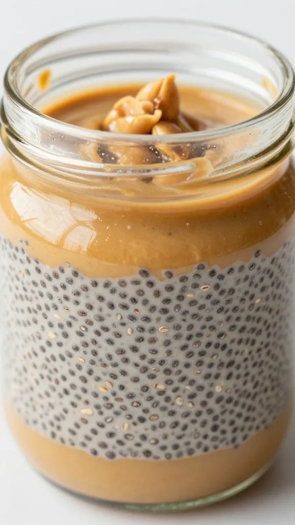 closeup glass jar of peanut butter chia pudding