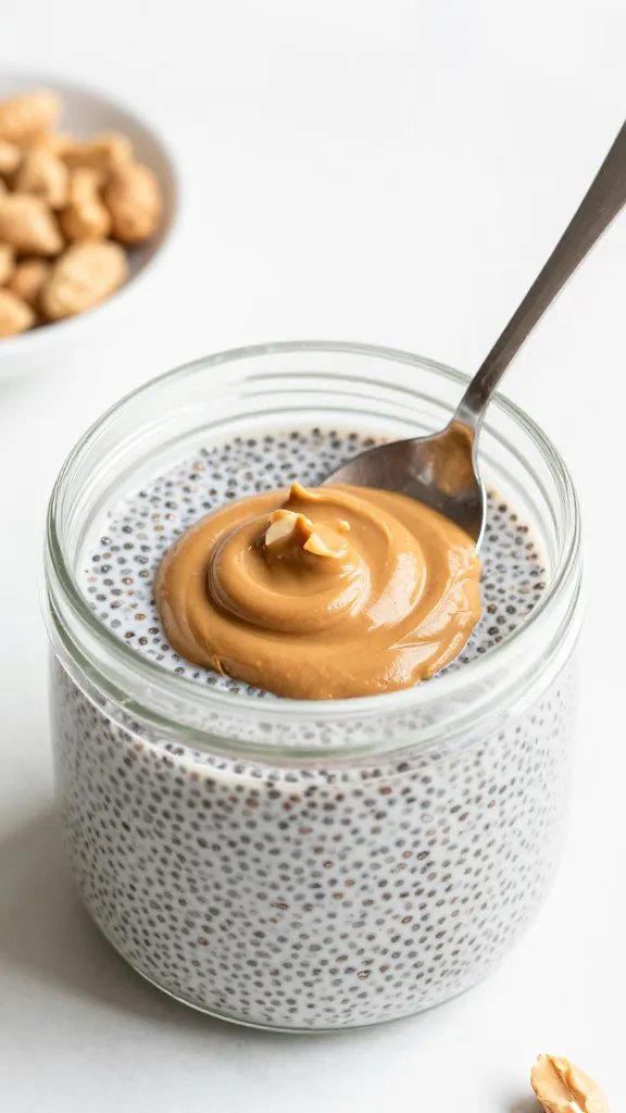 spoonful of creamy peanut butter chia pudding, macro shot