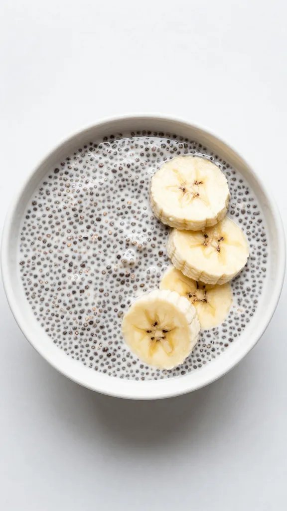 overhead single bowl of chia pudding with sliced banana