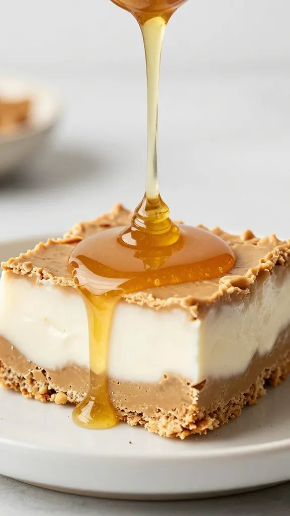 drizzle of honey over peanut butter yogurt bark square