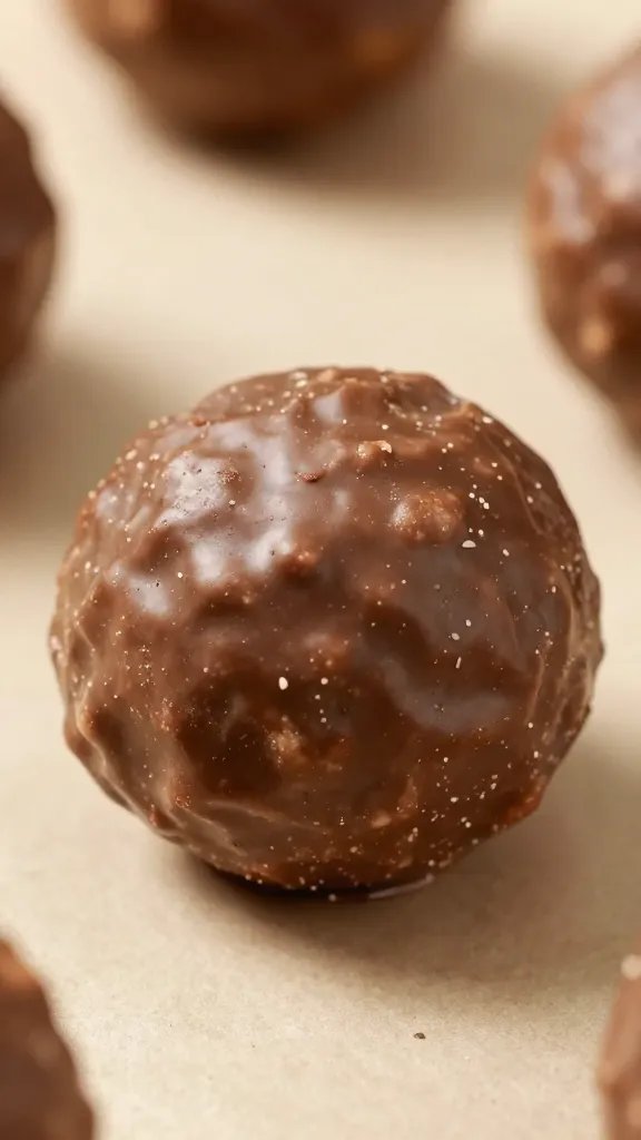 closeup of a single chocolate peanut butter protein ball on parchment