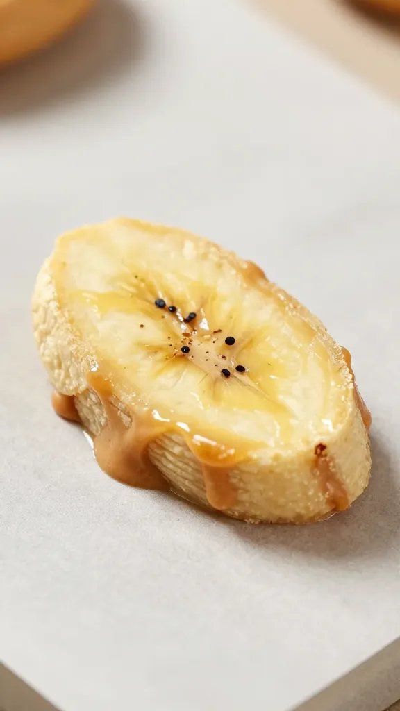closeup of one peanut butter banana bite on parchment