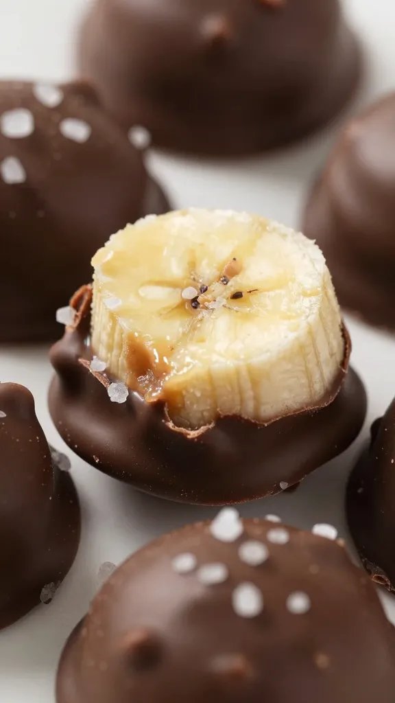 macro shot of chocolate-dipped peanut butter banana bite, sea salt