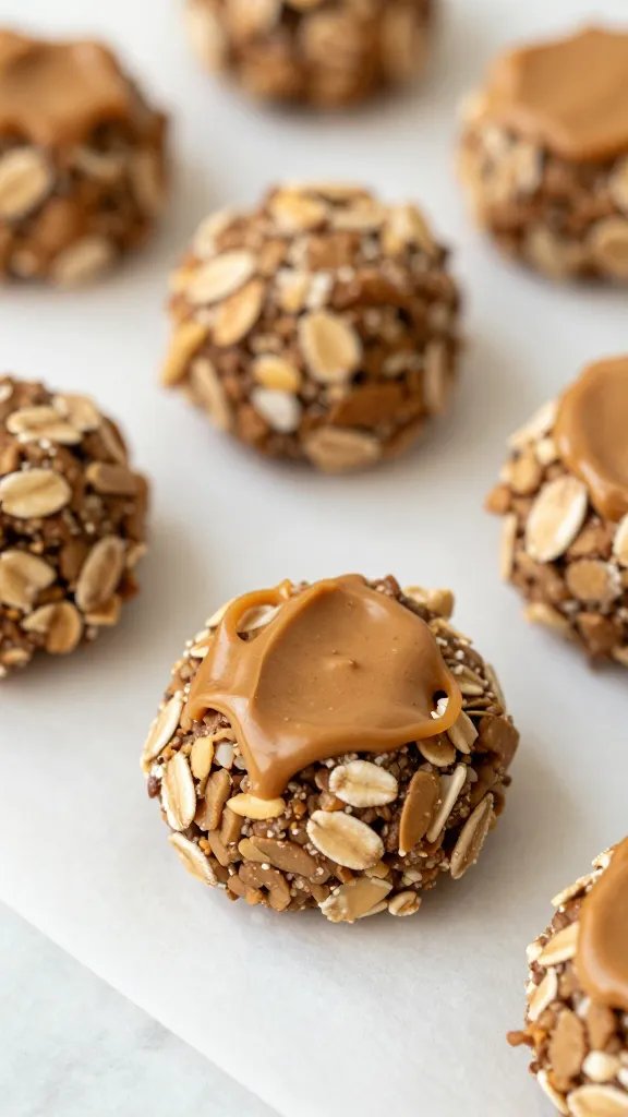 closeup peanut butter energy bite on parchment with oats