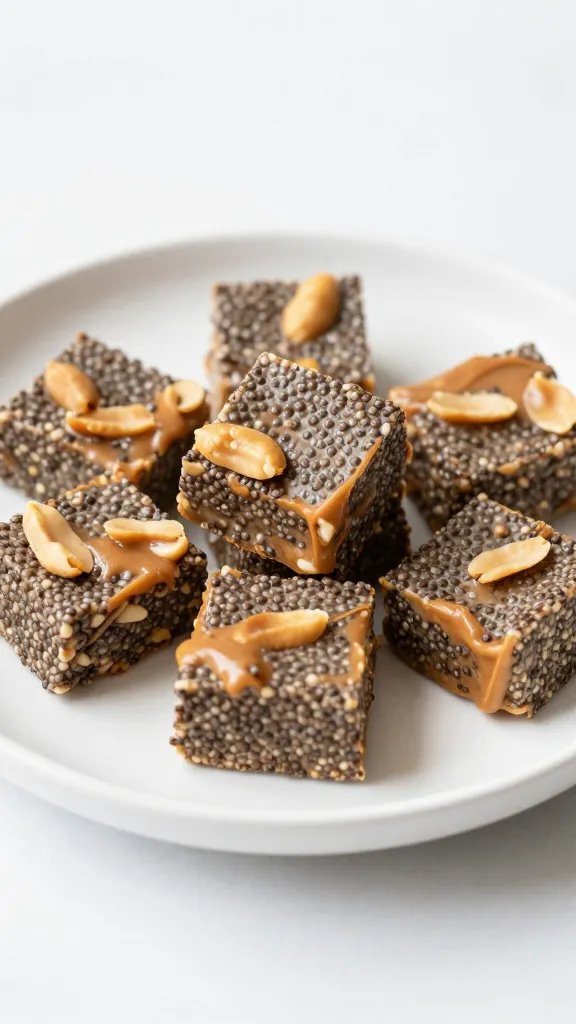 chia-studded peanut butter energy bite on white ceramic plate