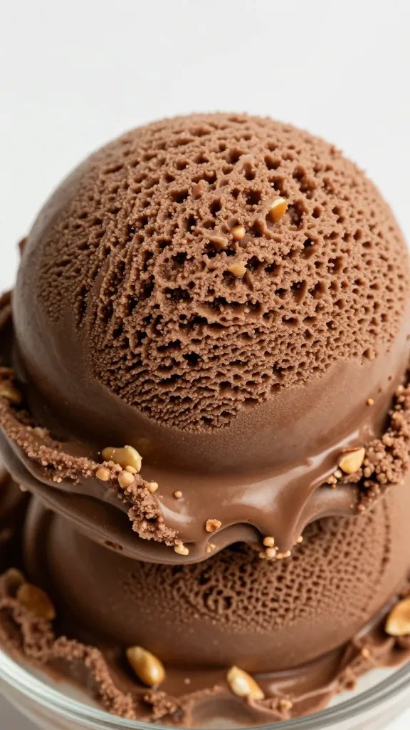 closeup scoop of chocolate peanut butter banana ice cream