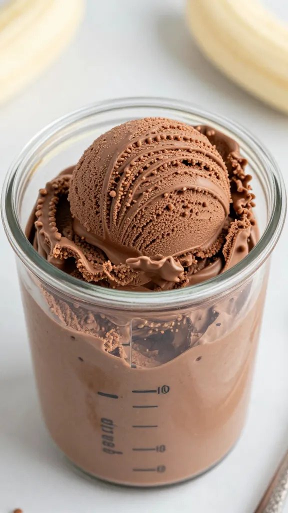 blender jar of whipped chocolate banana ice cream, overhead closeup