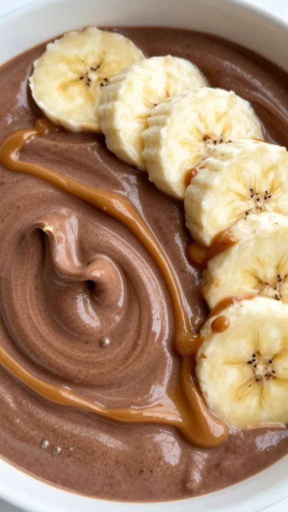 closeup peanut butter cocoa smoothie bowl with banana slices