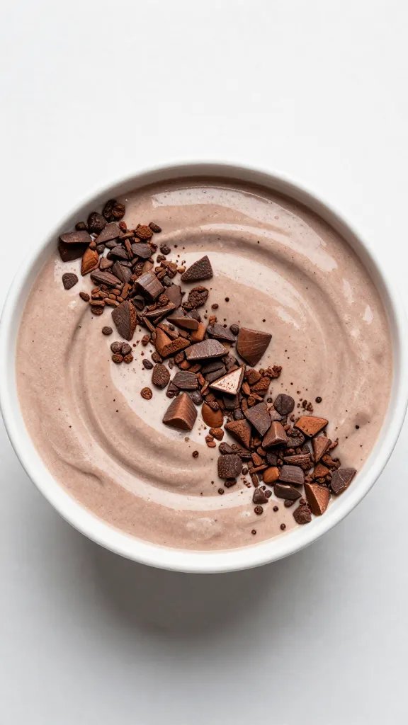 overhead frosty smoothie bowl topped with cacao nibs