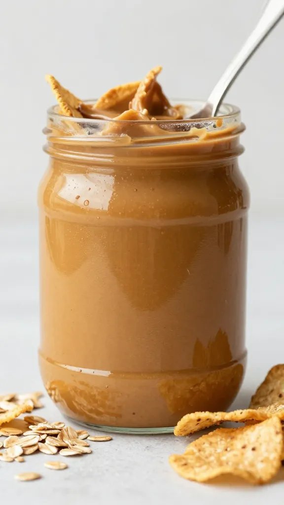 spoonful of natural peanut butter with oats and chips