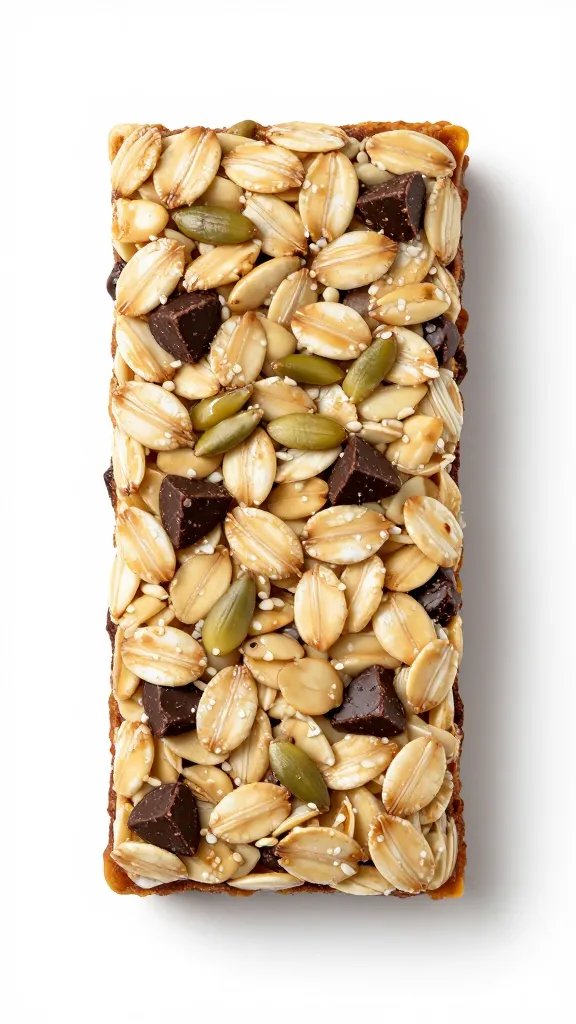 single sliced energy bar showing oats, seeds, chocolate chips