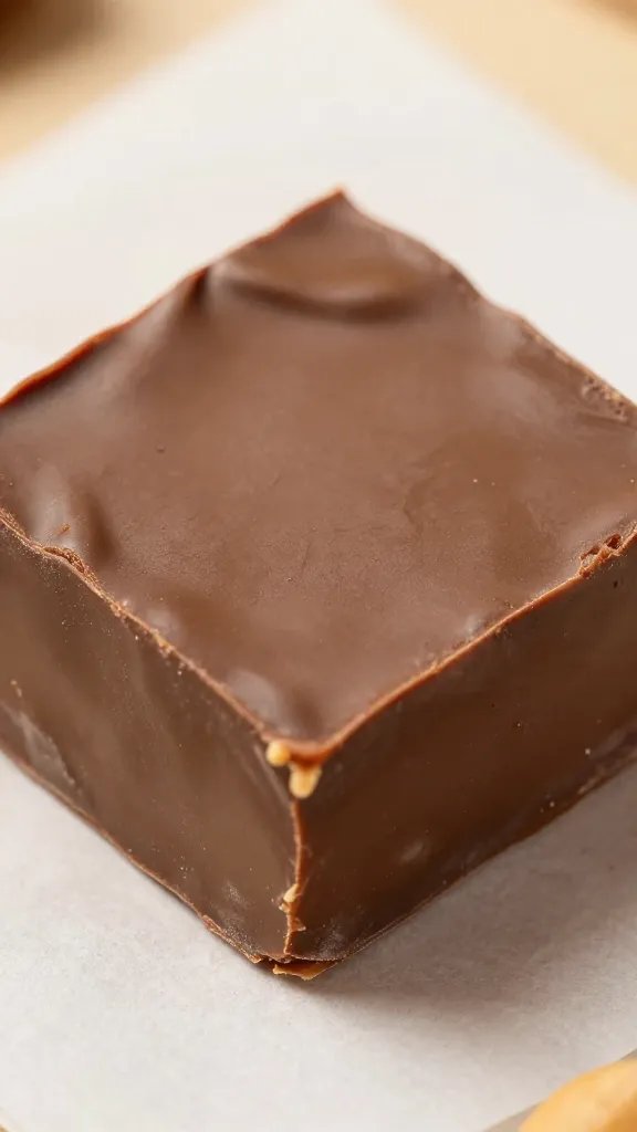 closeup single square of chocolate peanut butter fudge on parchment