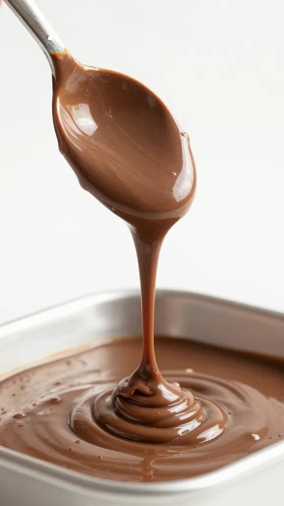 spoonful of glossy peanut butter chocolate mixture, mid-pour into pan