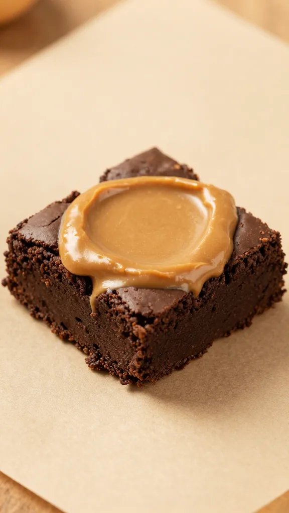 closeup of a single peanut butter brownie protein bite on parchment