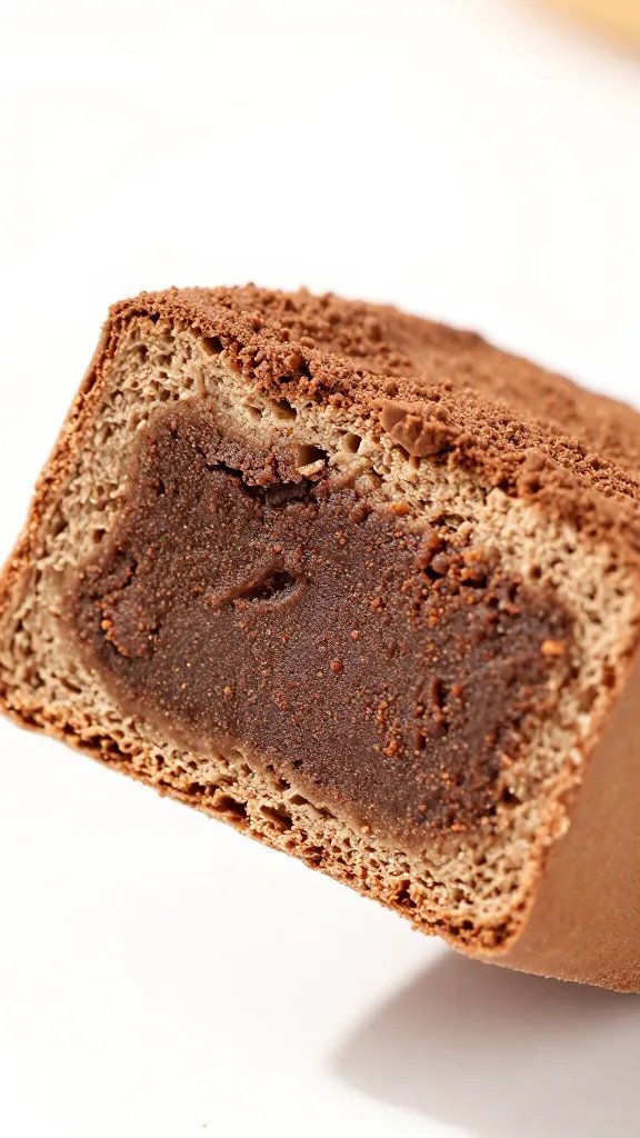 single sliced protein bite showing fudgy cocoa center, macro shot