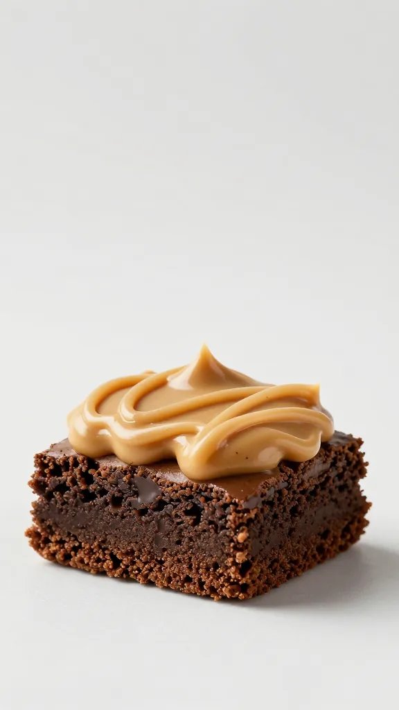 single peanut butter drizzle atop brownie bite, studio lighting