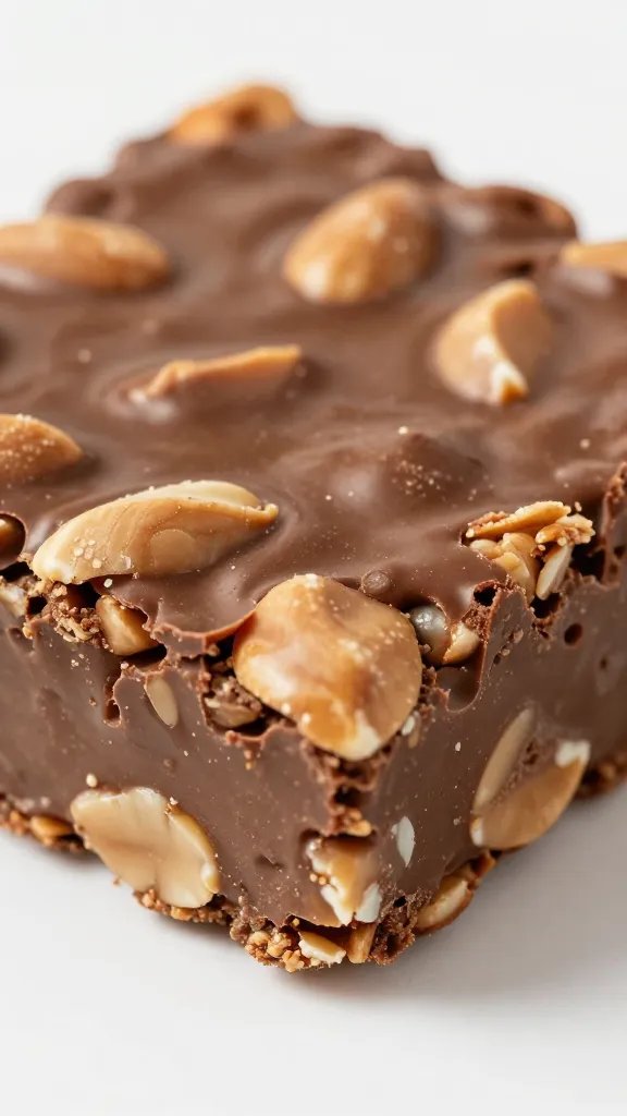 closeup of a single chocolate peanut butter oatmeal bar, sliced edge