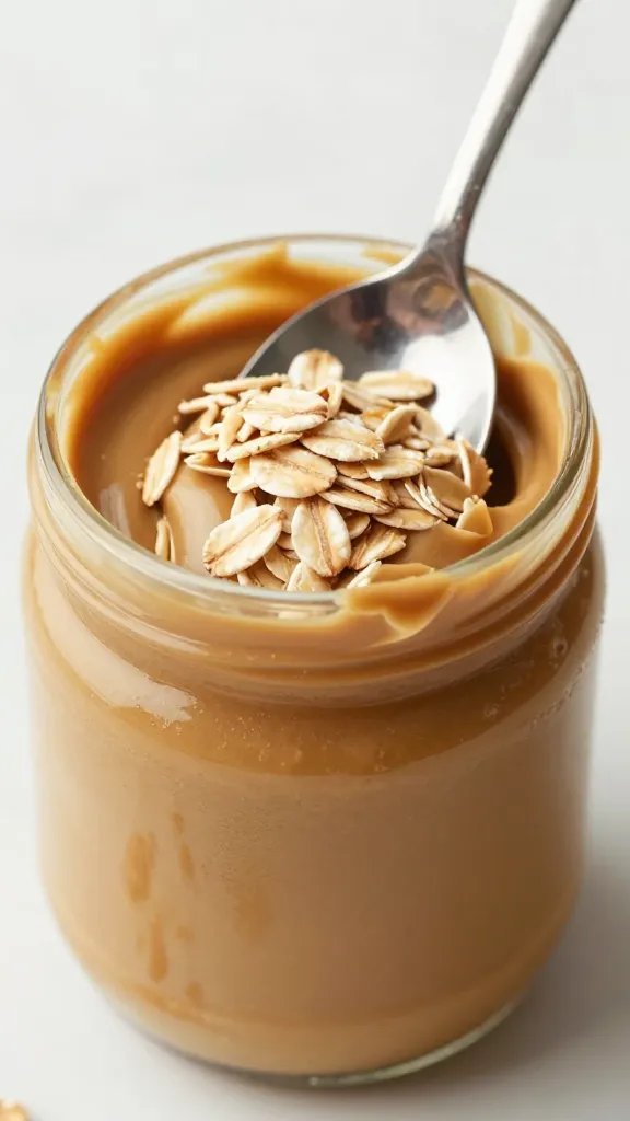 spoonful of natural peanut butter with oats sprinkled, macro