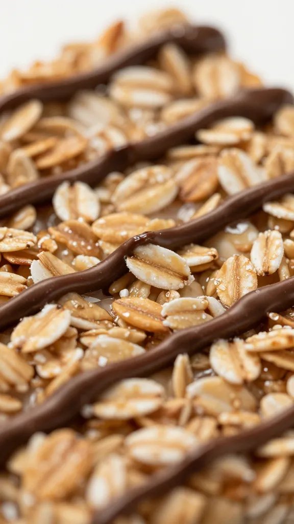 glossy melted chocolate drizzle on oatmeal bar surface, macro