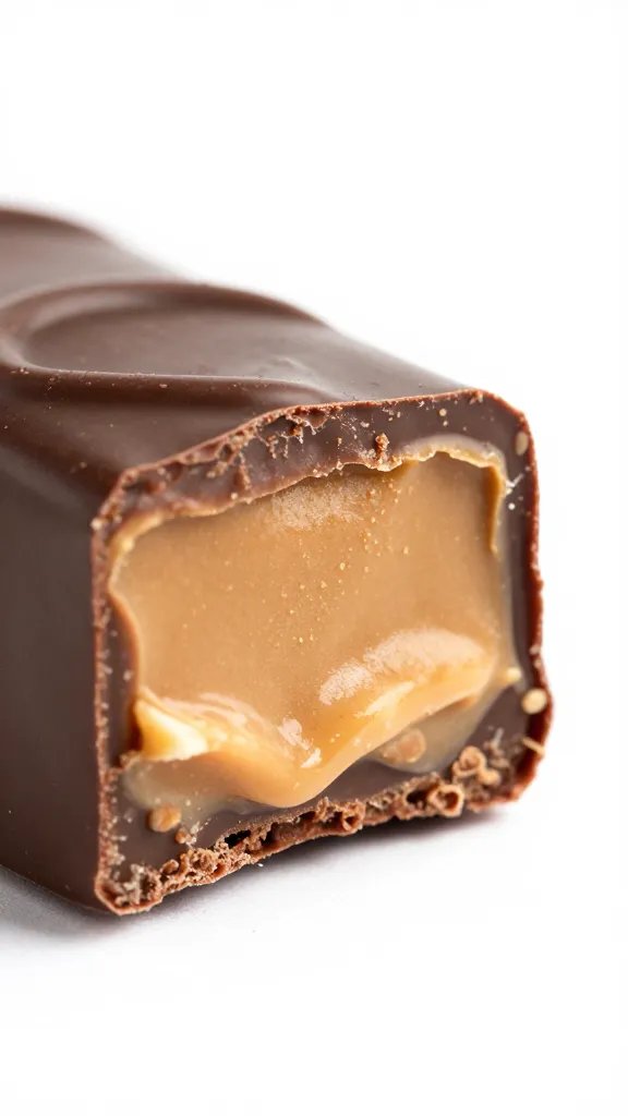 closeup of single dark chocolate peanut butter cup, cross-section