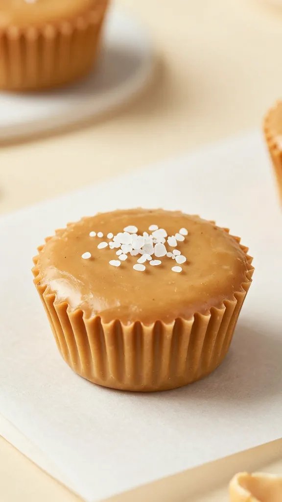 single peanut butter cup on parchment with flaky sea salt